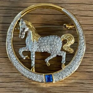 Butler Signed Equestrian Gold Tone Brooch Enamoured With Clear Rhinestones